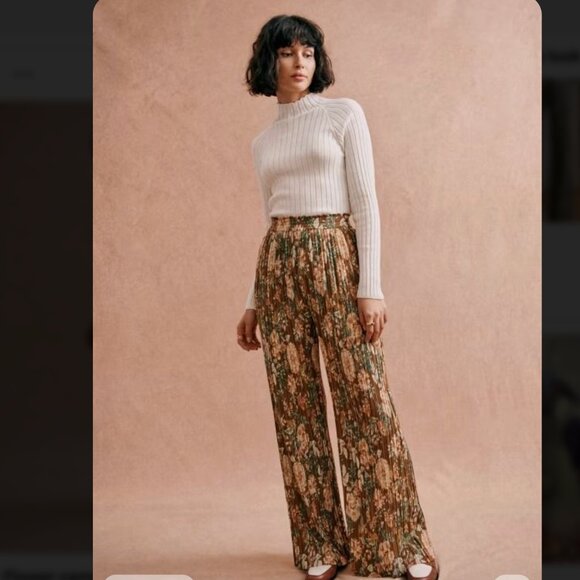 Sézane Floral Wide Leg Pants - Brown and Green Cyrano Trousers - Flower camel - Picture 2 of 9